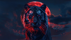 Tiger, Red aesthetic, Red moon, AI art, Closeup Photography, 4K wallpaper