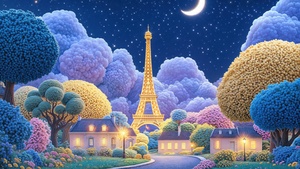 Eiffel Tower, Dreamy, Aesthetic, Night sky, Crescent Moon, Stars in sky, Illuminated, Digital Art, 4K wallpaper