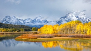 Grand Teton National Park, Autumn, Winter, Mountains, Lake, Cloudy, Fall, Reflection, 4K wallpaper
