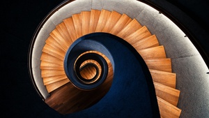 Wooden stairs, Spiral staircase, Swirling Vortex, 4K wallpaper