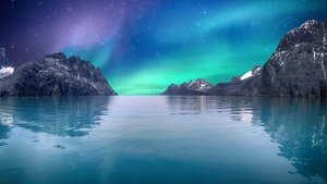 Northern Lights, Sea, Blue Sky, Stars, Reflection, Mountains, Glacier, Aurora Borealis, 4K wallpaper