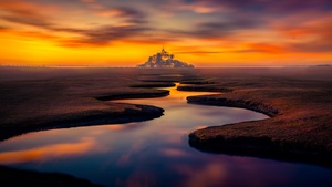 Mont Saint-Michel, Landscape, Island, River, Castle, Normandy, France, Sunset Orange, 4K wallpaper