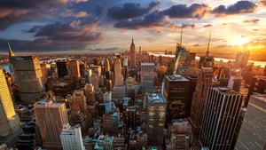 New York City, Evening sky, Aerial view, Cityscape, Skyline, Sunset, Landmark, Skyscrapers, Cloudy Sky, Sunlight, 4K wallpaper