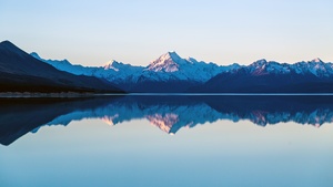 Mount Cook, Lake Pukaki, New Zealand, Sunset, Dusk, Mountain range, Snow covered, Reflection, Landscape, Scenery, 4K wallpaper