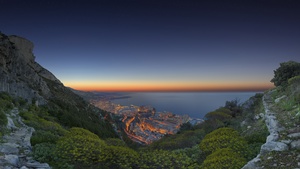 Monaco City, Viewpoint, Sunrise, Horizon, Cityscape, City lights, Green Trees, Cliffs, Aerial view, Landscape, 4K wallpaper