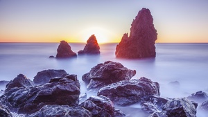 California, Sunset, Rocky coast, Long exposure, Seascape, Ocean, Horizon, 4K wallpaper