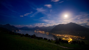 Lake Lucerne, Switzerland, Moonlight, Landscape, Night time, Mountains, Blue Sky, Lakeside, Village, Dusk, 4K wallpaper
