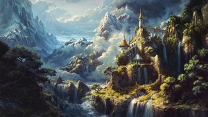 Castle, Waterfalls, Surreal, Alps mountains, Artwork, 4K wallpaper