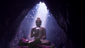 Lord Buddha, CGI, Statue, Cave, Sunlight, Lighting, Gautama Buddha, 4K wallpaper