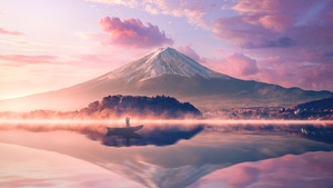 Mount Fuji, Volcano, Japan, River, Reflection, Boat, Couple, 4K wallpaper