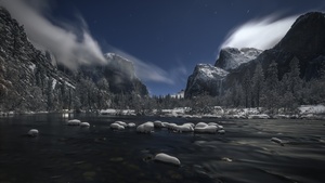 Yosemite National Park, Landscape, Winter, River, Evening, 4K wallpaper