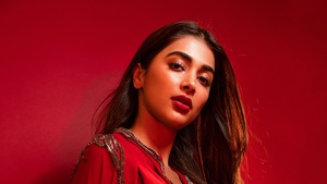 Pooja Hegde, Red background, Indian actress, Bollywood actress, 4K wallpaper