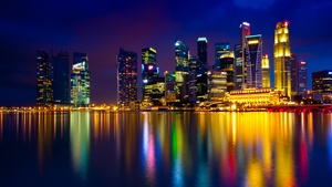 Marina Bay, Singapore, Cityscape, Night, City lights, Skyscrapers, Metropolitan, 4K wallpaper
