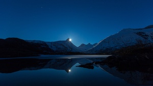 Moonrise, Blue Sky, Mountains, Snow covered, Lake, Landscape, Reflection, Night time, Twilight, Long exposure, 4K wallpaper