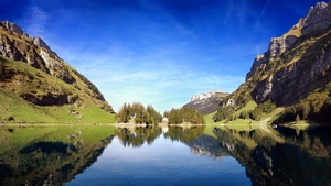 Seealpsee lake, Alpstein, Switzerland, Landscape, Reflection, Body of Water, Blue Sky, Mountains, Scenery, Lakeside, 4K wallpaper