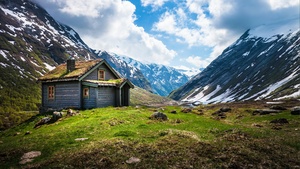 Valley House, Wooden House, Cabin, Glacier mountains, Snow covered, Landscape, Scenery, White Clouds, Daytime, Norway, 4K wallpaper