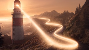 Lighthouse, Road, Coastline, Sunset, Light, Surreal, 4K wallpaper