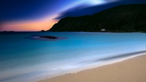 Grotlesanden Beach, Sunset, Norway, Coastal, Ocean blue, Seascape, Night time, Dusk, Landscape, Long exposure, 4K wallpaper