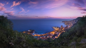 Monaco City, Cityscape, City lights, Purple sky, Sunset, Long exposure, Horizon, Clouds, 4K wallpaper