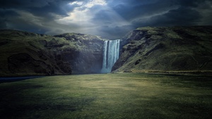 Waterfalls, Iceland, Cliffs, Sun rays, Dark clouds, Landscape, Scenery, Green Grass, 4K wallpaper