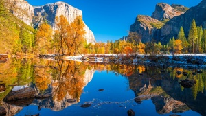 Yosemite National Park, Scenery, Landscape, Lake, Reflections, Autumn, Sunny day, Cliff, Rocks, California, 4K wallpaper