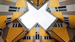 Cube Houses, Modern architecture, Sky view, Rotterdam, Netherlands, 4K wallpaper