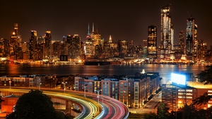 New York City, New Jersey, Cityscape, City lights, Night time, Skyscrapers, Long exposure, Roads, 4K wallpaper