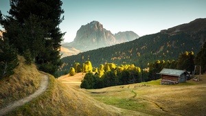 Seceda Mountain, Italy, Wooden House, Pathway, Green Trees, Sunset, Meadow, Landscape, 4K wallpaper