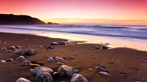Ocean, Sunset, Pink sky, Landscape, Seascape, Waves, Beautiful, Scenery, 4K wallpaper