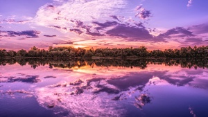 Sunset, Evening sky, Clouds, Beautiful, Reflections, Purple, Lake, 4K wallpaper