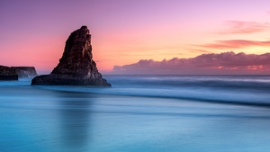 Ocean blue, Purple sky, Clouds, Seascape, Davenport, California, United States, Scenery, Sunset, Island, Cliff, 4K wallpaper