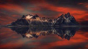 Vestrahorn mountain, Sunset Orange, Lake, Reflection, Scenery, Snow covered, Beautiful, Stokksnes, 4K wallpaper
