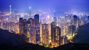 Victoria Peak, Hong Kong City, Cityscape, Night time, City lights, Landscape, Skyline, Skyscrapers, Harbor, 4K wallpaper