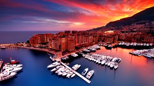 Monaco City, Yacht, Red Sky, Boats, Body of Water, Long exposure, Reflection, Sunset, 4K wallpaper