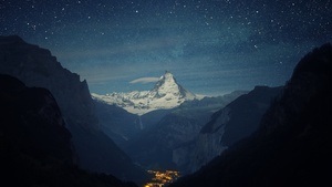 Matterhorn, Mountain Peak, Night time, Starry sky, Glacier mountains, Snow covered, Landscape, Landmark, Switzerland, Tourist attraction, 4K wallpaper