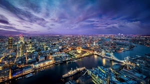 London City, Cityscape, City lights, Dusk, Purple sky, Horizon, Skyscrapers, Aerial view, England, Landscape, Clouds, Sunset, 4K wallpaper