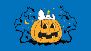 Snoopy, Halloween Pumpkin, Blue background, Sleeping, Peanuts, 4K wallpaper