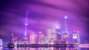 Oriental Pearl Tower, China, Cityscape, City lights, Night time, Purple sky, Reflection, Skyscrapers, Landscape, Skyline, 4K wallpaper