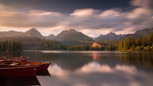 Slovakia, Boats, Lake, Landscape, Reflection, Mountain range, Lakeside, Wooden House, Long exposure, 4K wallpaper