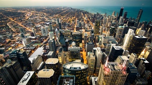 Chicago, Aerial view, Cityscape, City lights, Dusk, Skyscrapers, Skyline, Horizon, Landscape, 4K wallpaper