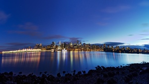 Vancouver City, British Columbia, Dusk, Cityscape, City lights, Canada, Coastal, Night time, Blue Sky, Body of Water, Reflection, Skyscrapers, 4K wallpaper