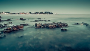 Rocky coast, Long exposure, Seascape, Ocean, Blue Sky, Landscape, 4K wallpaper