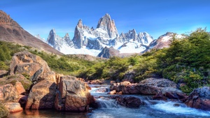 Fitz Roy, Patagonia, Glacier mountains, Snow covered, Argentina, River Stream, Rocks, Blue Sky, Mountain Peaks, Sunny day, Landscape, Scenery, 4K wallpaper