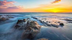 Rocky coast, Sunset, Seascape, Sunset Orange, Horizon, Clear sky, Long exposure, Ocean blue, 4K wallpaper