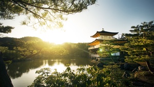Kyoto, Japan, Sunset, Landmark, Lake, Ancient architecture, Tourist attraction, Green Trees, Landscape, Japanese architecture, 4K wallpaper