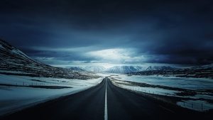 Endless Road, Landscape, Snow covered, Winter, Glacier mountains, Calm, Dark clouds, Vanishing point, 4K wallpaper