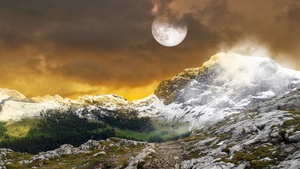 Mountains, Landscape, Full moon, Hiking trail, Pathway, Snow covered, Dark clouds, Fog, Meadow, 4K wallpaper