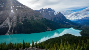 Peyto Lake, Canada, Glacier mountains, Snow covered, Landscape, Mountain range, Banff National Park, Canadian Rockies, Cloudy Sky, Turquoise water, 4K wallpaper