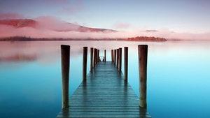 Wooden pier, Scenic, Sunrise, Morning, Seascape, River, Lake, Mist, 4K wallpaper