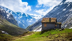 Valley House, Glacier mountains, Snow covered, Landscape, Scenery, Wooden House, White Clouds, Daytime, 4K wallpaper